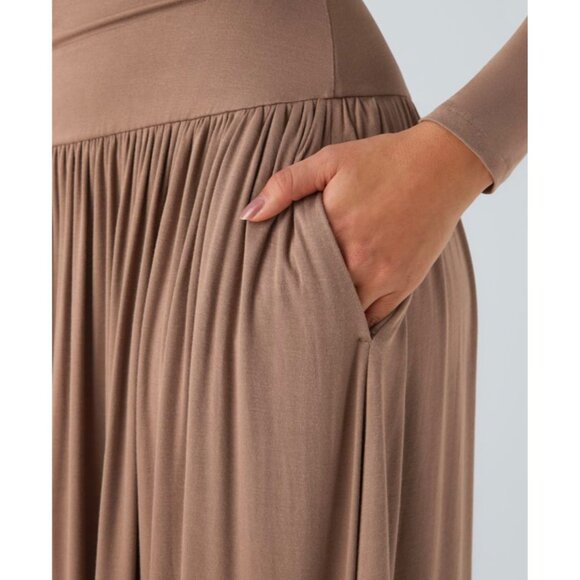 Halara Ribbed Boat Neck Long Sleeve Ruched Maxi Dress Sz Medium Side Pocket Flow - Picture 6 of 9